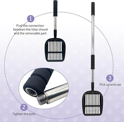 PINVNBY Cat Litter Scooper, Long Handle Litter Sifter Scoop with Litter Scoop Holder Stainless Steel Kitten Scooper Deep Kitty Litter Scooper with Box Metal Detachable Sifting Litter Shovel Set