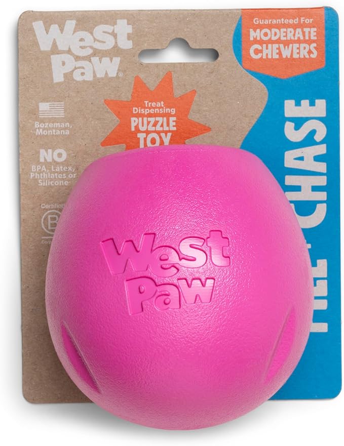 WEST PAW Zogoflex Rumbl Treat-Dispensing Dog Toy – Interactive Slow-Feeder Chew Toys for Dogs – Dog Enrichment Toy – Dog Toy for Moderate Chewers, Fetch, Catch – Holds Kibble, Treats (Hot Pink, Small)