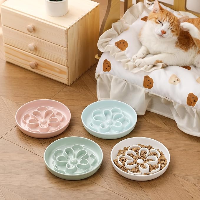 Melamine Cat Slow Feeder Bowl Set - Floral Maze Food Dishes for Cats and Small Dogs - Shallow Wide Plates for Dry & Wet Food - 3 Pack - White & Pink & Blue