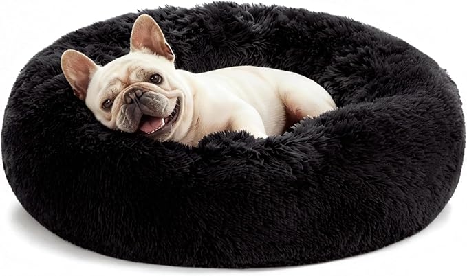 Love's cabin Calming Cat Bed for Indoor Cats,Anti-Anxiety Donut Round Dog Bed,Fluffy Faux Fur Washable Pet Bed for Small Medium Dogs and Cats,Black,20in