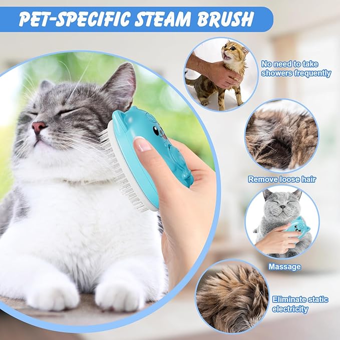 3 in 1 Cat Steam Brush for Shedding, Pet Steam brush for Dog & Cat Shedding & Grooming, for Long & Short Haired Pets, Spritz Defur Comb (sky blue)