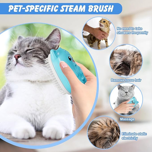3 in 1 Cat Steam Brush for Shedding, Pet Steam brush for Dog & Cat Shedding & Grooming, for Long & Short Haired Pets, Spritz Defur Comb (sky blue)