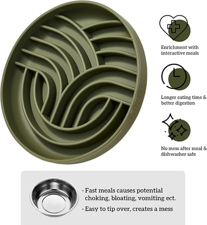 OHMO Slow Feeder Dog Bowls(Tree Life, Camo Green) Enrichment Soft Silicone Food Safe Feeding Bowl Non Slip Suction Cup for All Breed Pet, Cat Slow Down Eating Dishes, Boredom and Anxiety Reducer