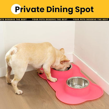 Medium Pet Feeding Station, 29oz Stainless Steel Dog Bowls Set, No Spill Food & Water Dishes with Non Slip Silicone Mat for Breeds Up to 55 Lbs, Pink