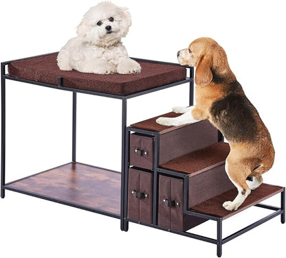 VEVOR Pet Bunk Bed with Stairs, Dog/Cat Window Perch with Storage, Multi-Level Bed Window Perch Dog Bedside Sleeper Couch, Pet Seat Platform for Medium Size Pet, Indoor Use (Dark Brown)