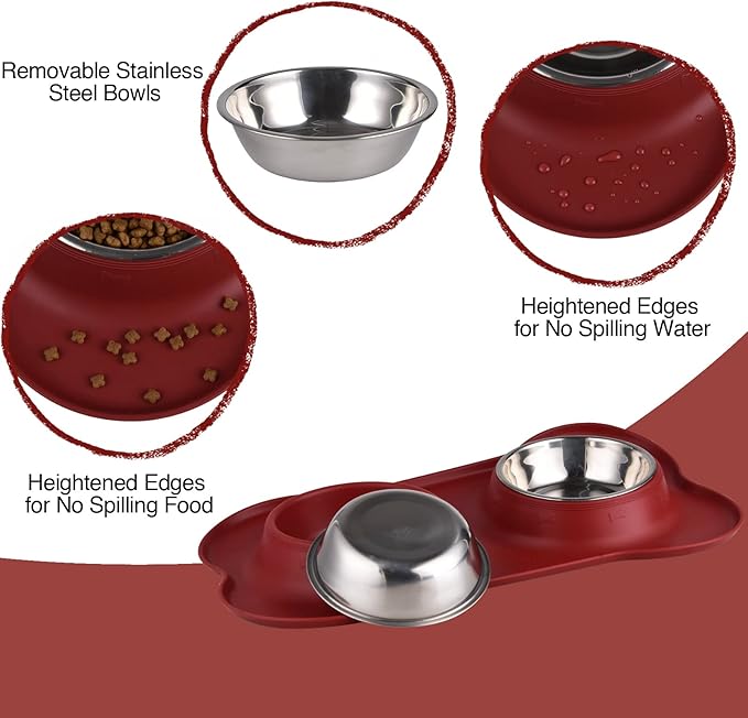 Dog Bowls 2 Stainless Steel Bowl for Pet Water and Food Feeder with Non Spill Skid Resistant Silicone Mat for Pets Puppy Small Medium Cats Dogs