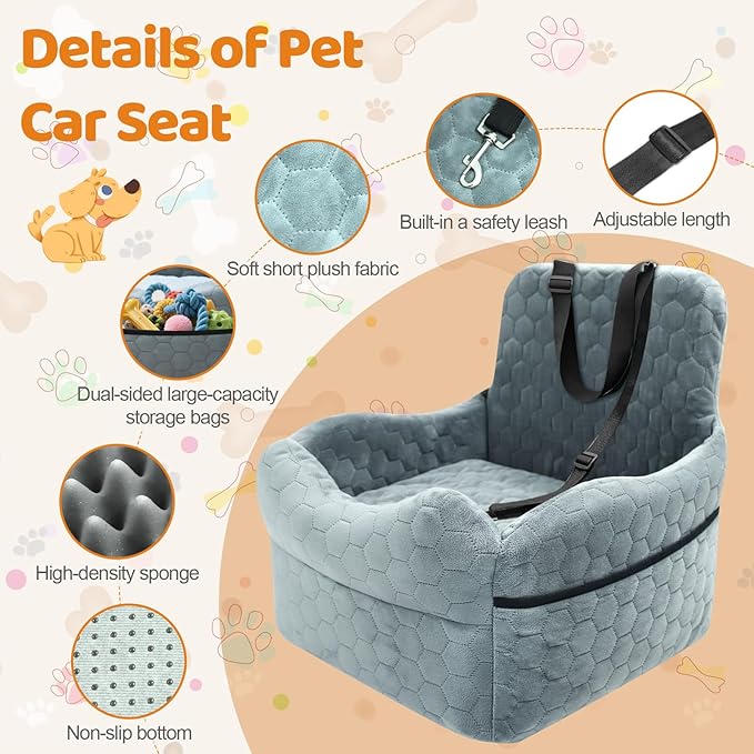 Dog Car Seat for Small/Medium Dogs - Puppy Car Seat Under 35 lbs with Thick Elevated Cushion & Safety Belt for Travel - Detachable & Washable Dog Booster Seat with 2 Sides Storage Pockets(Gray)
