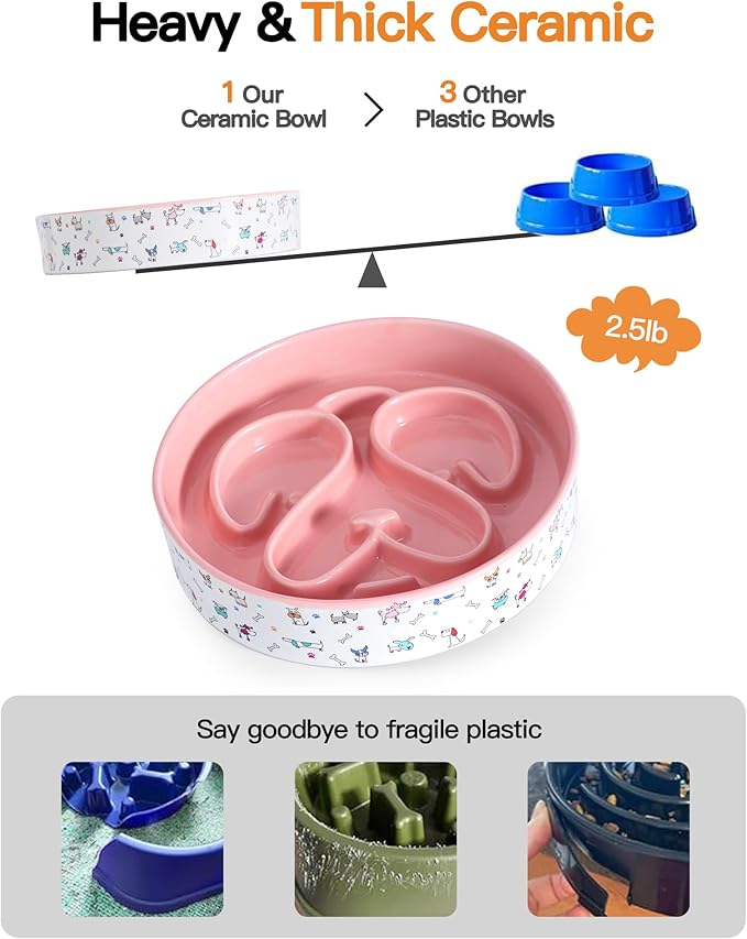 Slow Feeder Dog Bowl, Ceramic Dog Bowls 1.5 Cup Puzzle Feeder - Stops Fast Eating, Prevents Bloat, Choking & Black Chin for Medium/Large Dogs, Pink﻿