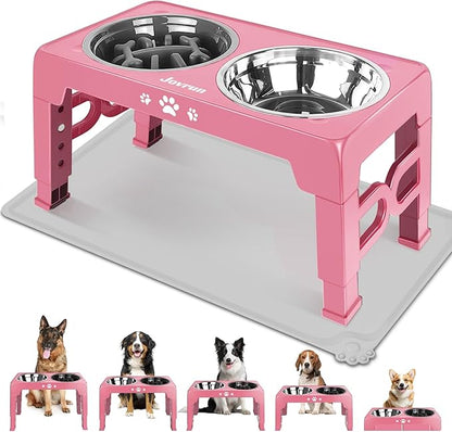 Elevated Dog Bowls for Medium Size Dogs with Mat, Non-Slip Dog Feeder with 1*Stainless Steel Dishes & 1*Slow Feeder Bowl, 5 Heights Adjustable Raised Bowls for 3.15″-8.66″-9.84″-11.02″-12.2″