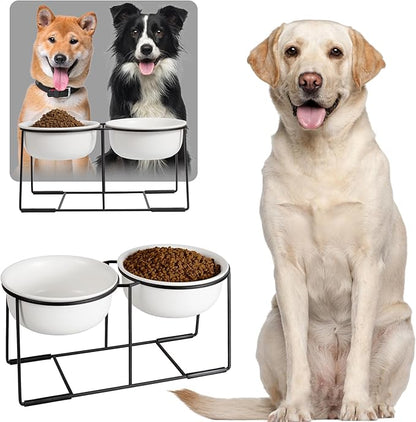 Ceramic Elevated Dog Bowl Set - Raised Double Feeding Bowls with Metal Stand - Pet Dishes for Medium and Large Dogs - 3.5 Cups - 54 fl oz - Matte White