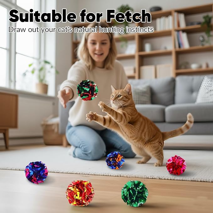Crinkle Cat Toy Balls, 12Pcs 2.47'' Mylar Balls, Interactive Crinkle Ball, Colorful Paper Ball Chase Training Activity for Cats kitten Assorted Color, Chase Training Activity for Cats (12 Pack)
