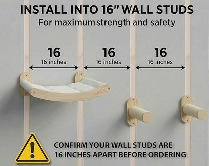 NVMBR Cat Wall Furniture Lounge with Sisal Stairs Set, 16 inch Stud Design, Easy Install Mounts, Holds up to 33 lbs Climber Indoor Perches for Walls, Shelf Hammock with Saftety Bar