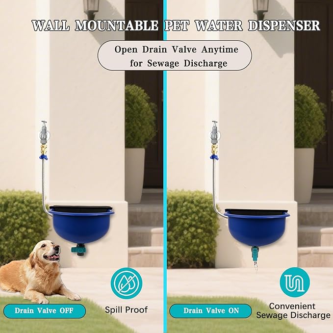 Automatic Water Dispenser for Dogs with Drain Hole & Drain Valve, 1 Gallon Auto Dog Water Bowl Outdoor with Float Valve, Hose Quick Connect Fitting, for Livestock, Chicken, Horse (Blue)