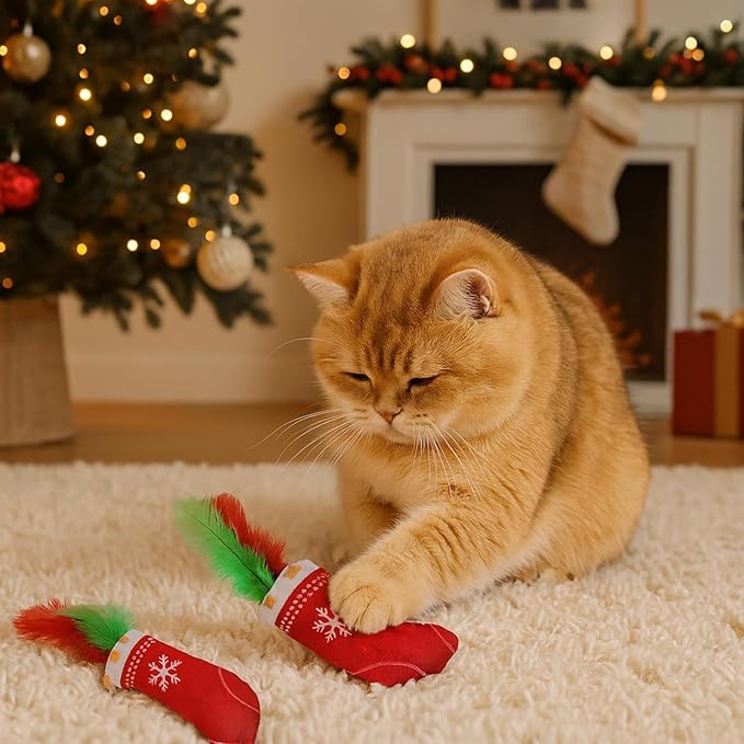 Christmas Cat Toys Stocking 2 Pack – Catnip Plush Stockings with Feathers, Interactive Holiday Cat Toy Set for Indoor Cats and Kittens