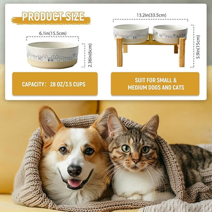 Elevated Ceramic Dog Bowls with Wooden Stand，6.1inch Raised Dog Bowls with Cute Pattern for Small and Medium Breed Dogs,2 Pack Dogs Food and Water Bowl Set,Weighted Pet Dishes Dishwasher Safe