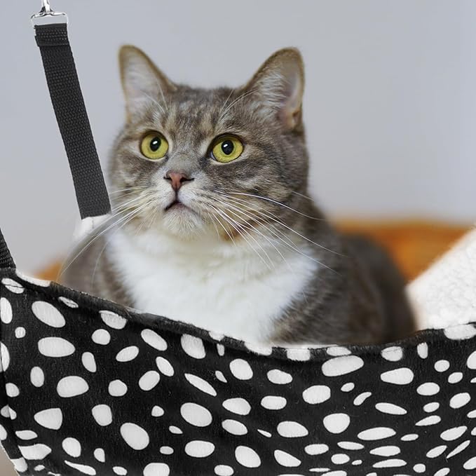 Double-Sided Hanging Cat Hammock Bed with Breathable Mesh, Medium 35x35cm, Black and White Dot Pattern, Indoor Cat Sleeping Mat and Comfortable Pet Den