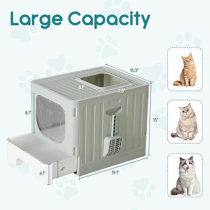 OLIXIS Cat Litter Box with Lid, Large Foldable Cat Box with Litter Scoop, Front Entry Top Exit Kitty Litter Box with Door, Easy Cleaning Drawer Design Odor Control, Grey