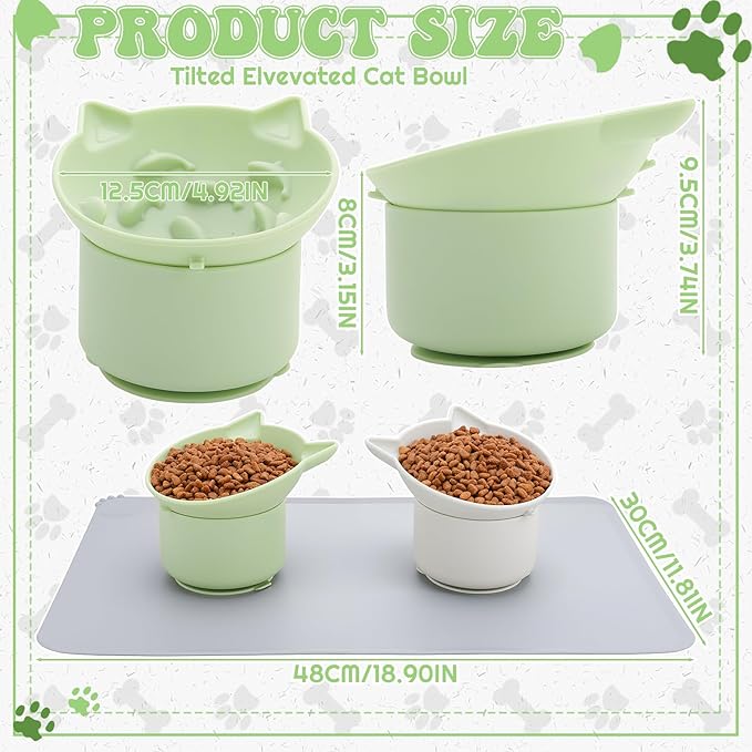 2 Pack Gray, Green Slow Feeder for Cat Bowls, Silicone Tilted Raised Pet Bowl with Non Slip Base for Digestion Anti Vomit