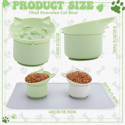 2 Pack Gray, Green Slow Feeder for Cat Bowls, Silicone Tilted Raised Pet Bowl with Non Slip Base for Digestion Anti Vomit