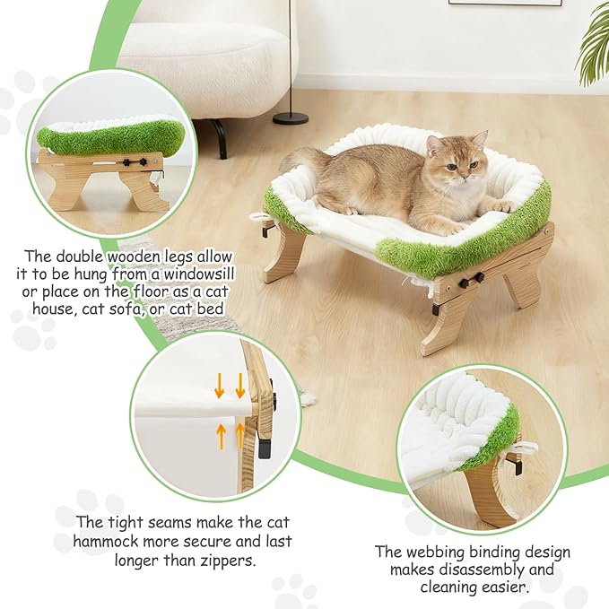 cat Window Perch for Indoor Cats Large Window Hammock with Washable Cover Suitable for All Seasons cat Window Bed for Adults Cats and Kittens(White and Green)