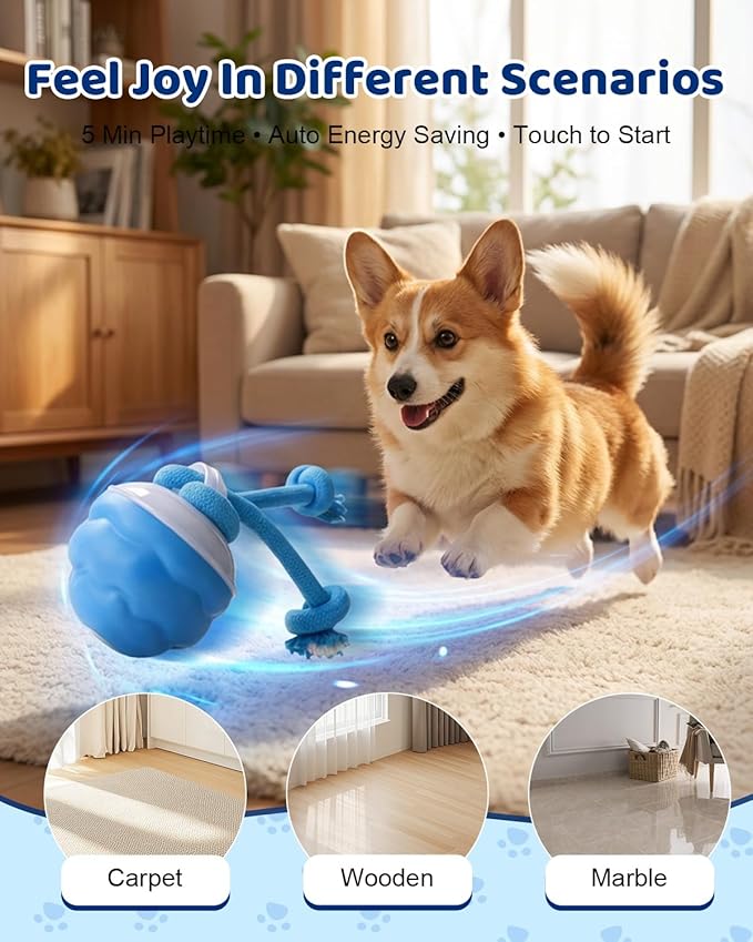 Interactive Dog Toys with Rope -Smart Dog Ball Built-in Barking Sound, Motion Activated USB-C Rechargeable Dog Toy with 3 Play Modes for Medium & Large Dogs (Blue)