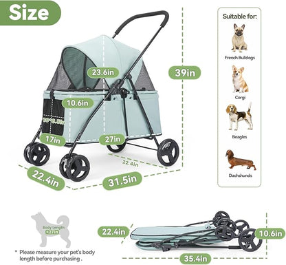 20% Larger Capacity, Wedyvko Dog Stroller for Medium/Small Pets w/Dog Poop Bags & Dispenser, Storage Pouch, Zipperless, Entry in/Out Easy (Mint Green)