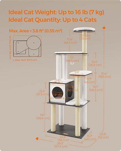 Feandrea Cat Tree, 65-Inch Modern Cat Tower for Indoor Cats, Multi-Level Cat Condo with 5 Scratching Posts, Perch, Washable Removable Cushions, Cat Furniture, Misty Gray UPCT166G03