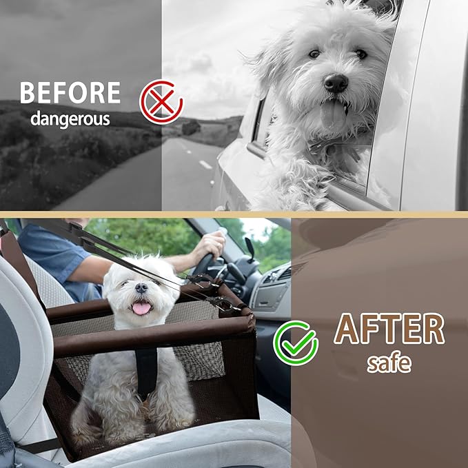 PetsHome Dog Car Seat Foldable Dog Car Booster Seat Waterproof Breathable Oxford Travel Bag for Small to Medium Dogs, Puppies, and Pets-Pure Coffee