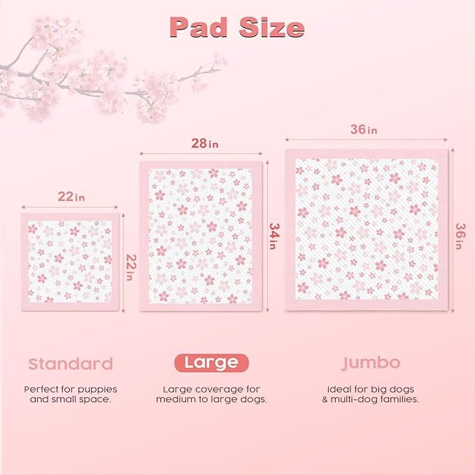 MIZOK Dog Pee Pads Extra Large 28"x34", Potty Pads for Big Dog Breeds, Super Absorbent & Leak-Proof, Pink Cherry Blossom Prints, Thick & Heavy, 4 Adhesive Tabs, XL (40 Counts)