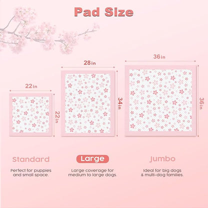 MIZOK Dog Pee Pads Extra Large 28"x34", Potty Pads for Big Dog Breeds, Super Absorbent & Leak-Proof, Pink Cherry Blossom Prints, Thick & Heavy, 4-Corner Adhesive Tabs, XL (50 Counts)