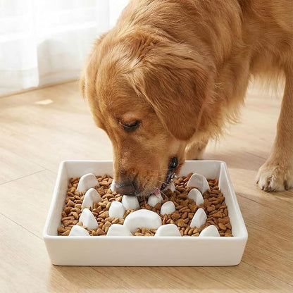 Ceramic Slow Feeder Dog Bowl, 1.8 Cup Fun Pet Food Dish for Small & Medium Breeds to Slow Down Eating, Anti-Gulping, Stop Bloat, Preventing Choking (White)