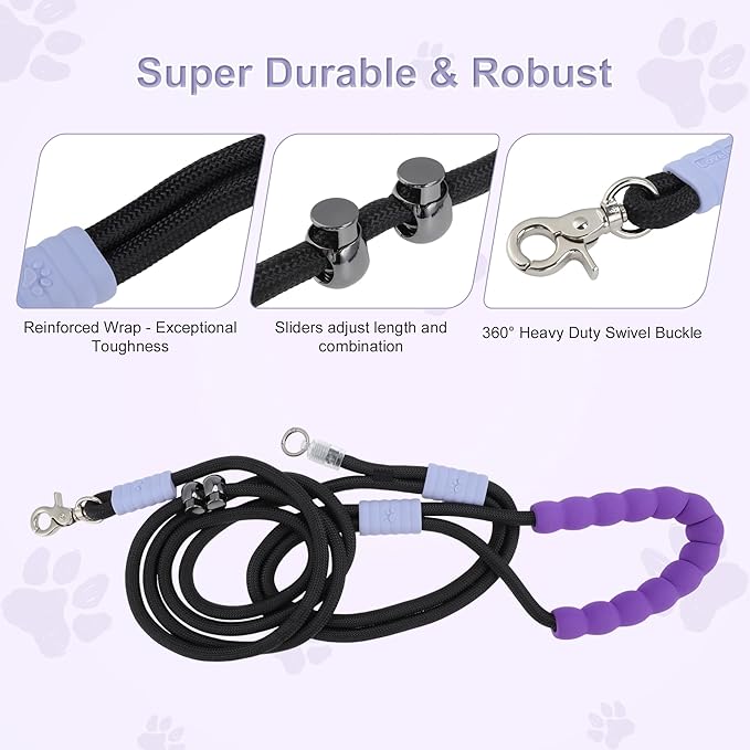 Hands Free Dog Leash, Adjustable Waist Leash with Car Seatbelt & Reflective Strips, for Jogging Hiking, Includes Poop Bag Pack, Black Purple