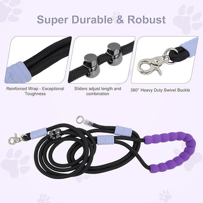 Hands Free Dog Leash, Adjustable Waist Leash with Car Seatbelt & Reflective Strips, for Jogging Hiking, Includes Poop Bag Pack, Black Purple