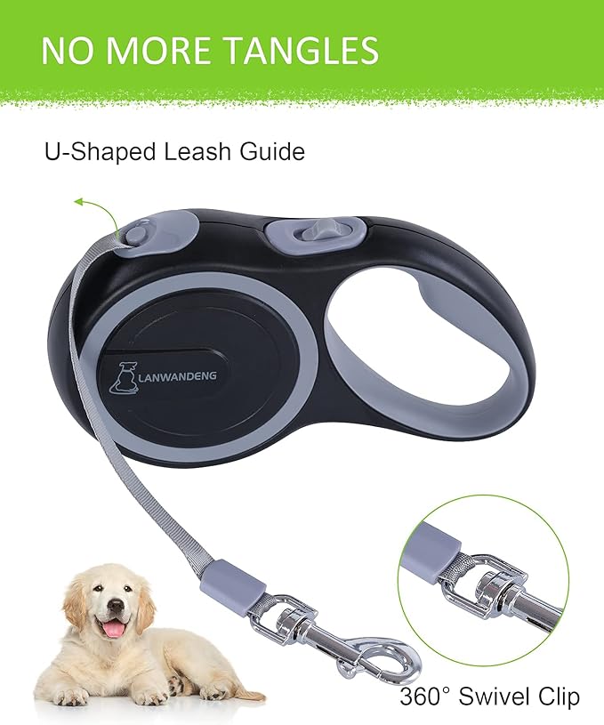 26FT Chew Proof Retractable Dog Leash with 2 Heavy Duty Anti-Chewing Wire Ropes, 360° Tangle-Free Dog Lead with Anti-Slip Handle for Medium/Large Dogs up to 110 lbs Gray