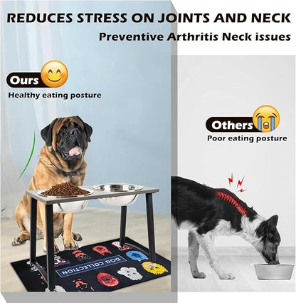 Elevated Dog Bowls for Large & X-Large Dogs, 16" Tall Raised Stand with 2 Stainless Steel 3000ML Bowls, Slow Feeder & Spill-Proof Mat – Extra Large Dog Food & Water Bowl Set