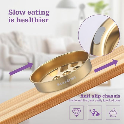 Golden Stainless Steel Slow Feeder Dog Bowls – Non-Slip Metal Dog Bowl for Large & Medium Breeds, Puppy Puzzle Feeder – 2 Cup Capacity for Small to Big Pets – Durable Slow Feed (Fishbone-Golden)