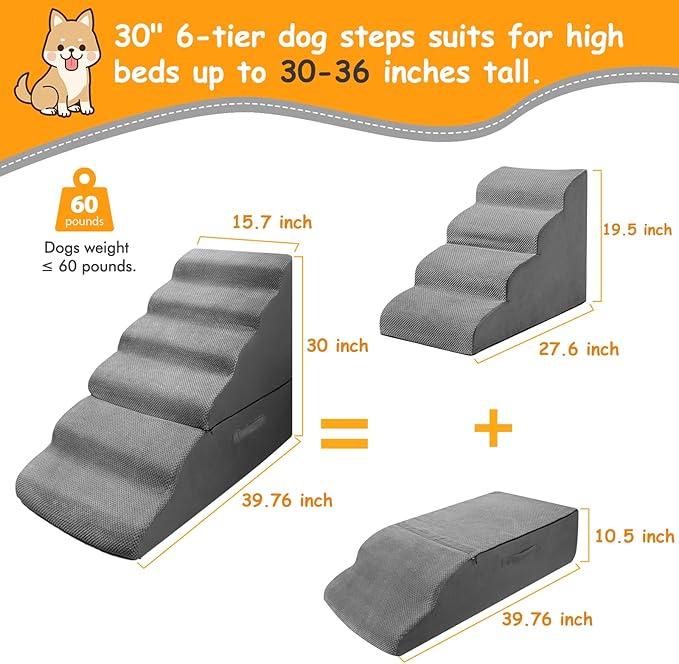 Dog Stairs for High Beds 30 inches Tall for Small Dogs, Pet Steps for High Bed up to 30-36 Inch, Lightweight Foam Dog Ramp for Old Cats, No Assembly Required, Grey
