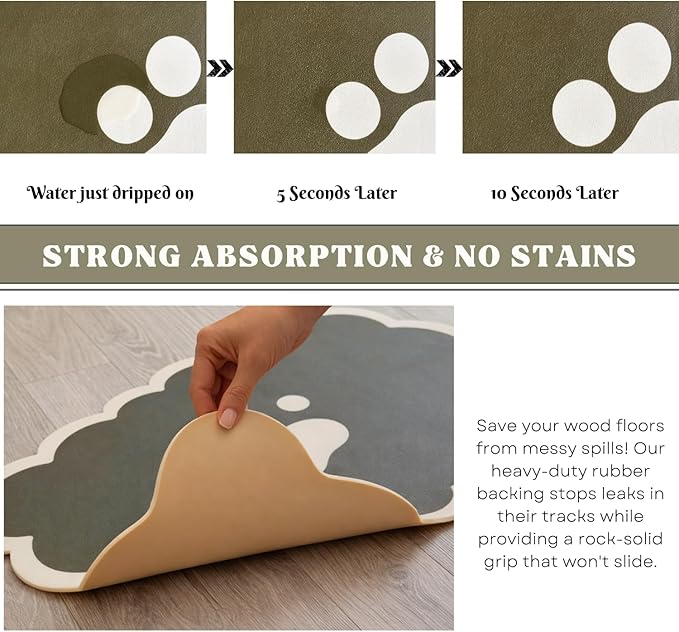 Absorbent Pet Food Mat, Scalloped Edge Dog Cat Bowl Mat with Rubber Backing, Quick-Dry Leather Feeding Mat for Messy Drinkers, 16" x 24", Sage Green