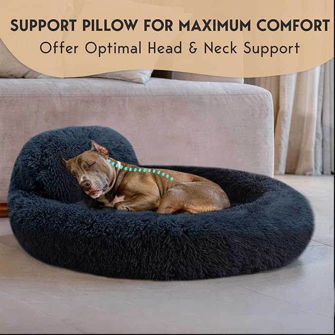 PetJett Dog Beds Large Sized Dog - 36'' Calming Round Bed, Anti-Slip & Washable Super Soft Donut Bed, Fluffy Faux Fur Anti-Anxiety Premium Comfort Pet Bed, Fits Dogs up to 80 lbs - Dark Grey
