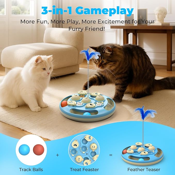 Cat Puzzle Toys Games Level 3 in 1 with Track Balls, Feather Teaser & Treat Feeder | Non-Slip Base | Mental Stimulation Enrichment for Indoor Cats | Kitty Gift, Blue