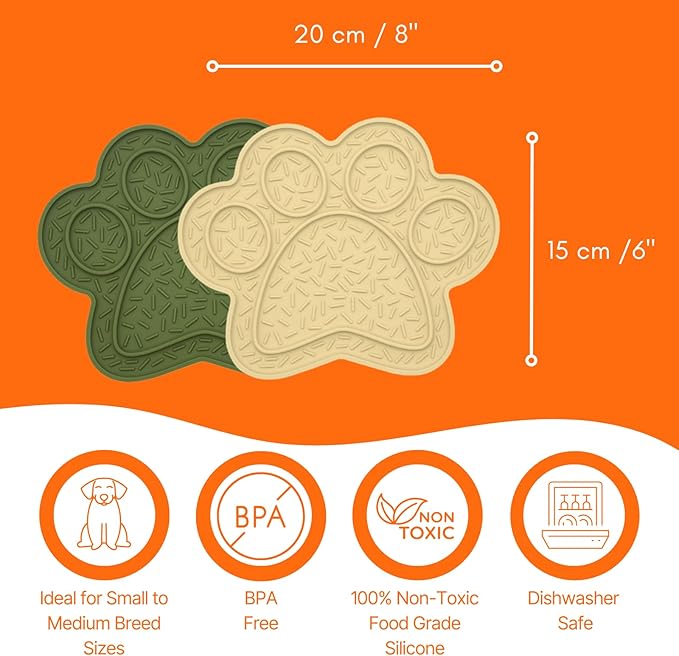 Lick Mat for Dogs & Cats 2 Pack, DOOGUES Slow Feeder Mat for Anxiety Relief, Non-Slip Suction Cups, Spread with Peanut Butter, Yoghurt, or Treats, Suitable for Small and Medium Pets (Green & Beige)