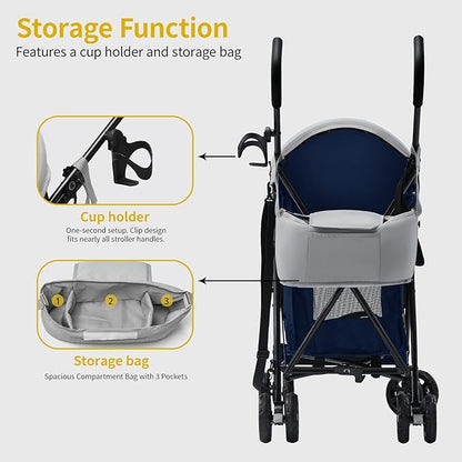 Lightweight 10 lbs Foldable Pet Stroller for Small Dogs & Cats, Easy-Fold Compact, with Adjustable Sun Canopy, Cup Holder, Breathable Mesh, Pad & Storage Bag, Holds 33 lbs, Blue