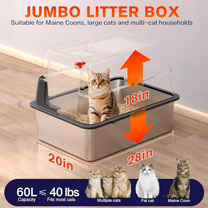 XXXL Stainless Steel Litter Box with Lid,28" L*20" W*18" H Extra Large Metal Cat Litter Boxs, Jumbo Enclosed Litter Box for Big Cats and Multi-Cat Households,Non-Sticky, Anti-Leakage, Easy to Clean