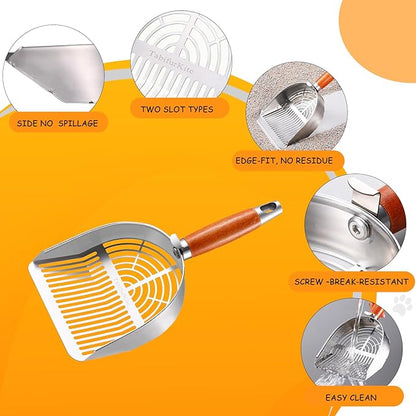 Custom 40% Thicker Side Edges 304 Stainless Steel Metal Cat Litter Scoop with Holder Stand Small Broom & Dustpan - Durable, Anti-Break Handle