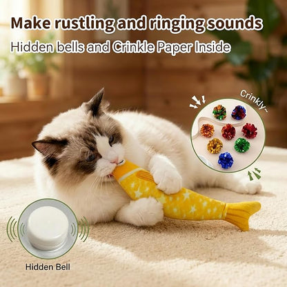 Cat Toys for Indoor Cats with 5000mg Natural Catnip Interactive Kicker Fish Toy of Crinkle Bell Sound Adult Cat Kittens Teeth Cleaning Easter Gifts Yellow Purple