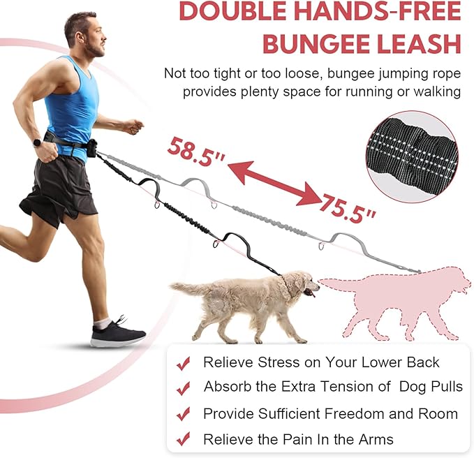 Hands Free Dog Leash, Waist Leash for Dog Walking, Hiking and Running,Adjustable Belt with Double Handle for Large Dogs and Medium Dogs, Dog Walking Accessories,Tangle Free,No Pull