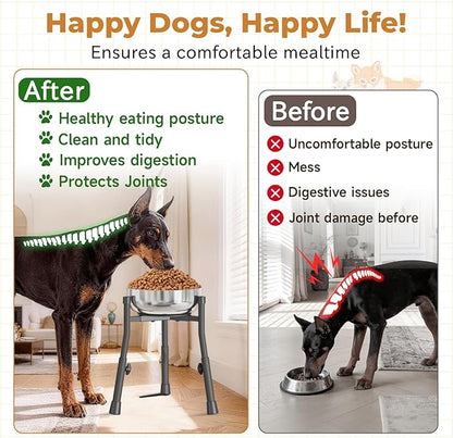 Extra-Stable Elevated Dog Bowl Stand for Large Medium Breeds, Adjustable Size 4 Heights Width 6-10in, Anti-Tip Metal Raised Food Feeder Water Dish Holder, Non-Slip Tall Single Lifted Riser