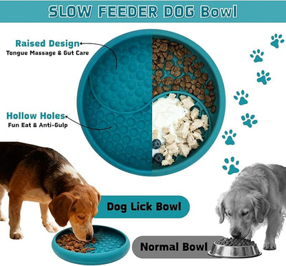 Dog Lick Bowl, Non-Slip Slow Feeder Dog Bowl, Silicone Licking Mat with Treat Dispenser, Entertainment Dog Puzzle Play, Feeder Bowl to Relieve Anxiety, Dishwasher Safe,with Brush & Spatula(Dark Teal)