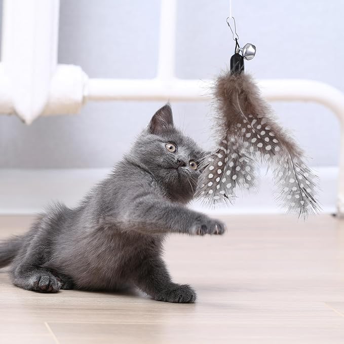 12Pcs Cat Feather Toys Refills, Feather Cat Wand Toys Attachment with Bells, Interactive Teaser Feathers Replacement for Bored Indoor Adult Cats Kitten Exercise and Play