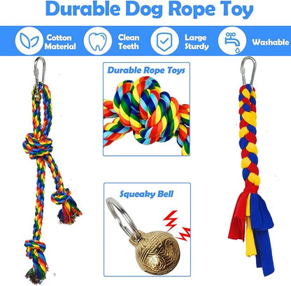 Tether Outdoor Dog Toy,Interactive Exercise Game in Yard Park Tug of War for Large Medium Small Dog Puppy with 2 Rope Toy and Bell Pull Chase and Solo Play